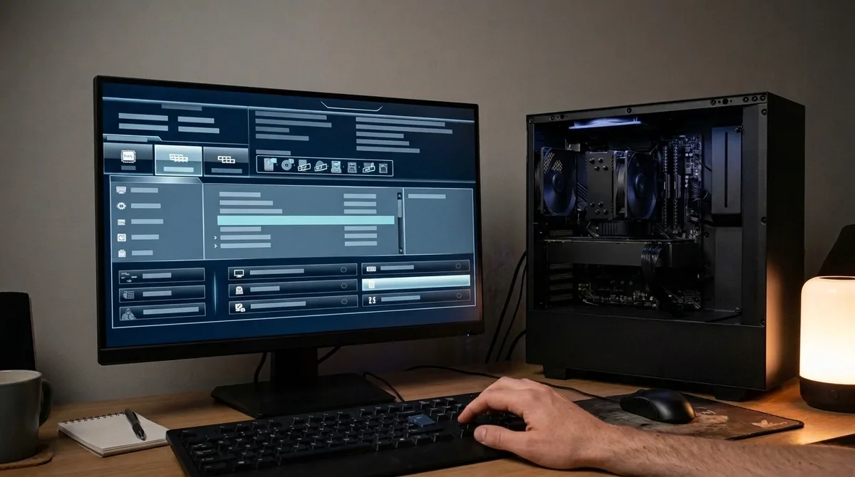 Pantalla de configuración de BIOS genérica en un monitor, con una opción resaltada, mientras una mano usa el teclado junto a una PC con el gabinete abierto