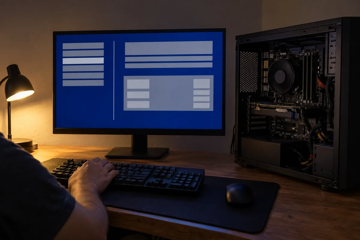 Monitor con una pantalla de configuración de BIOS genérica en azul, una mano sobre el teclado y una PC con el gabinete abierto al lado, en un escritorio de noche