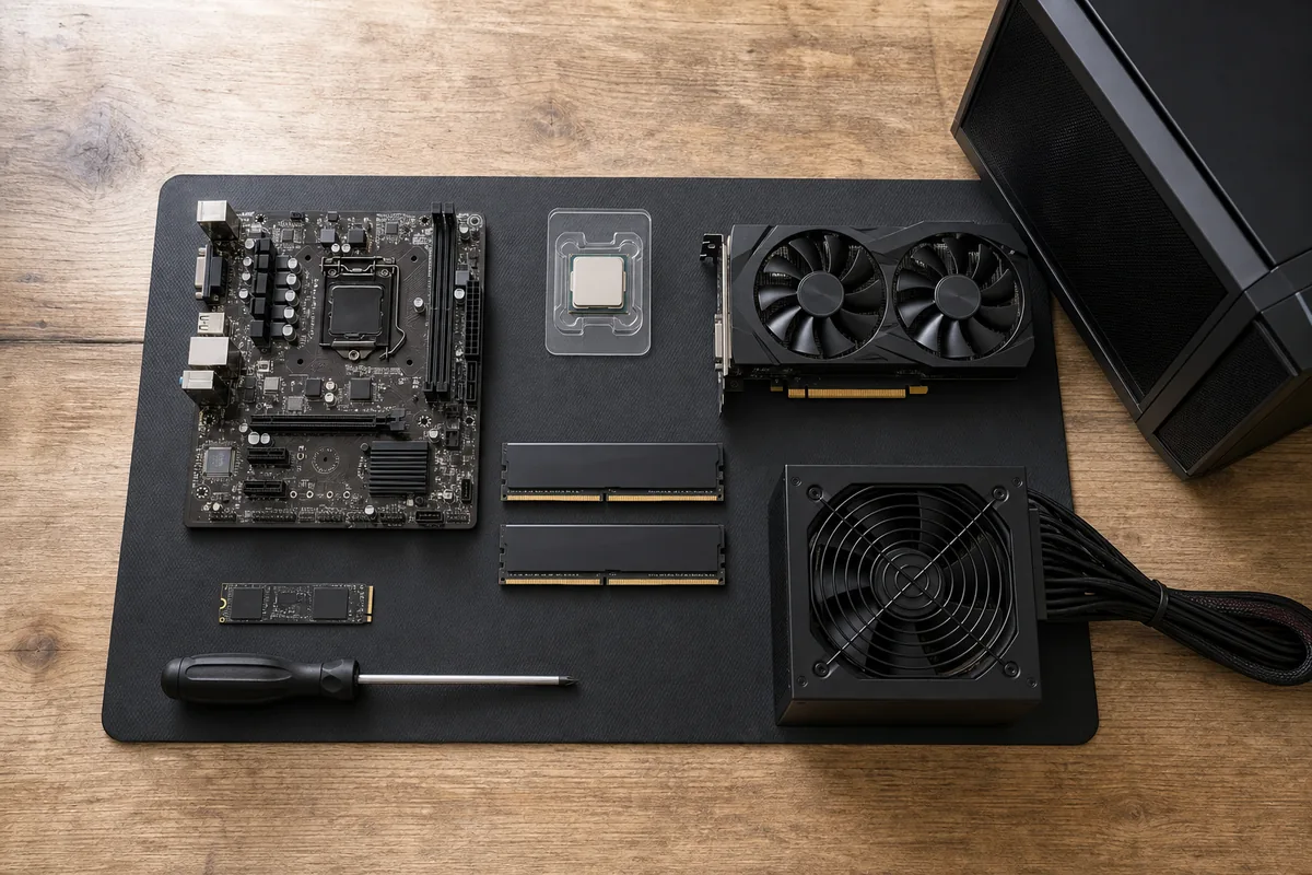 Close-up of gaming PC components motherboard and GPU