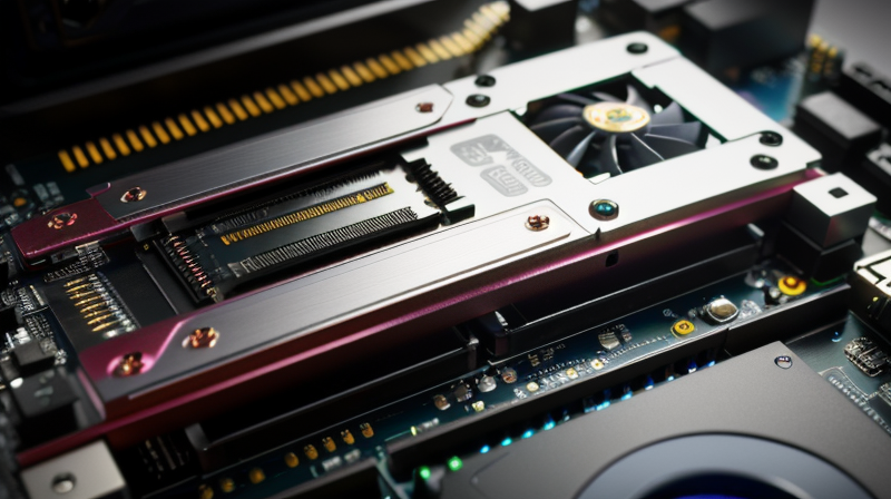 Close-up of PC components motherboard and GPU installation