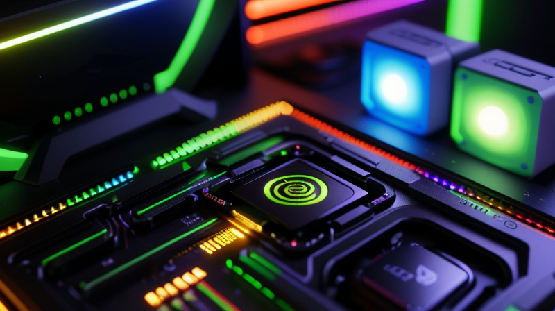Close up of gaming PC graphics card with RGB lighting