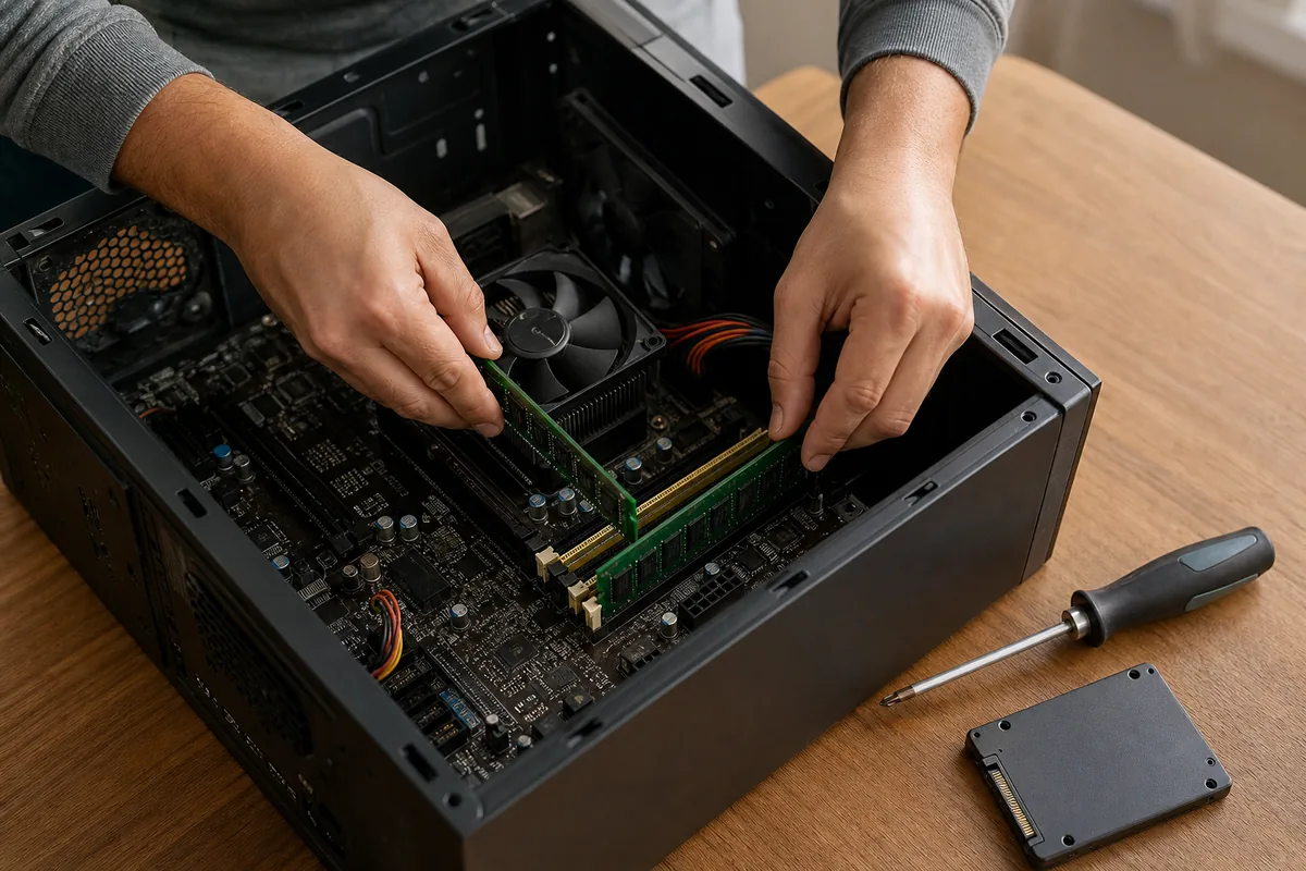 Manos instalando módulos de memoria RAM en la placa base de una PC abierta, con un destornillador y un SSD sobre la mesa