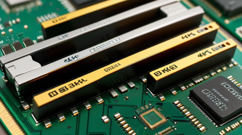 detailed close-up photo of DDR4 RAM modules installed on gaming motherboard realistic 8k soft focus