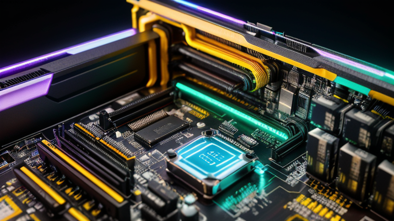 Detailed close-up photo of gaming PC internal components motherboard GPU RAM with dramatic lighting