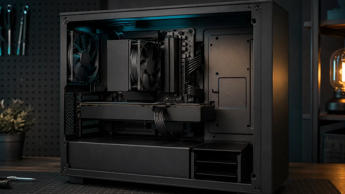 Detailed close-up photo of gaming PC internal components motherboard GPU RAM with dramatic lighting