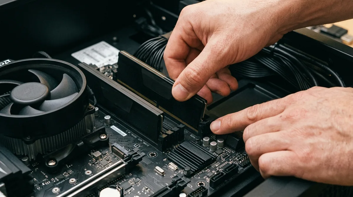 Manos instalando dos módulos de memoria DDR5 sin marcas visibles en las ranuras de una tarjeta madre dentro de un gabinete abierto, con luz de escritorio cálida
