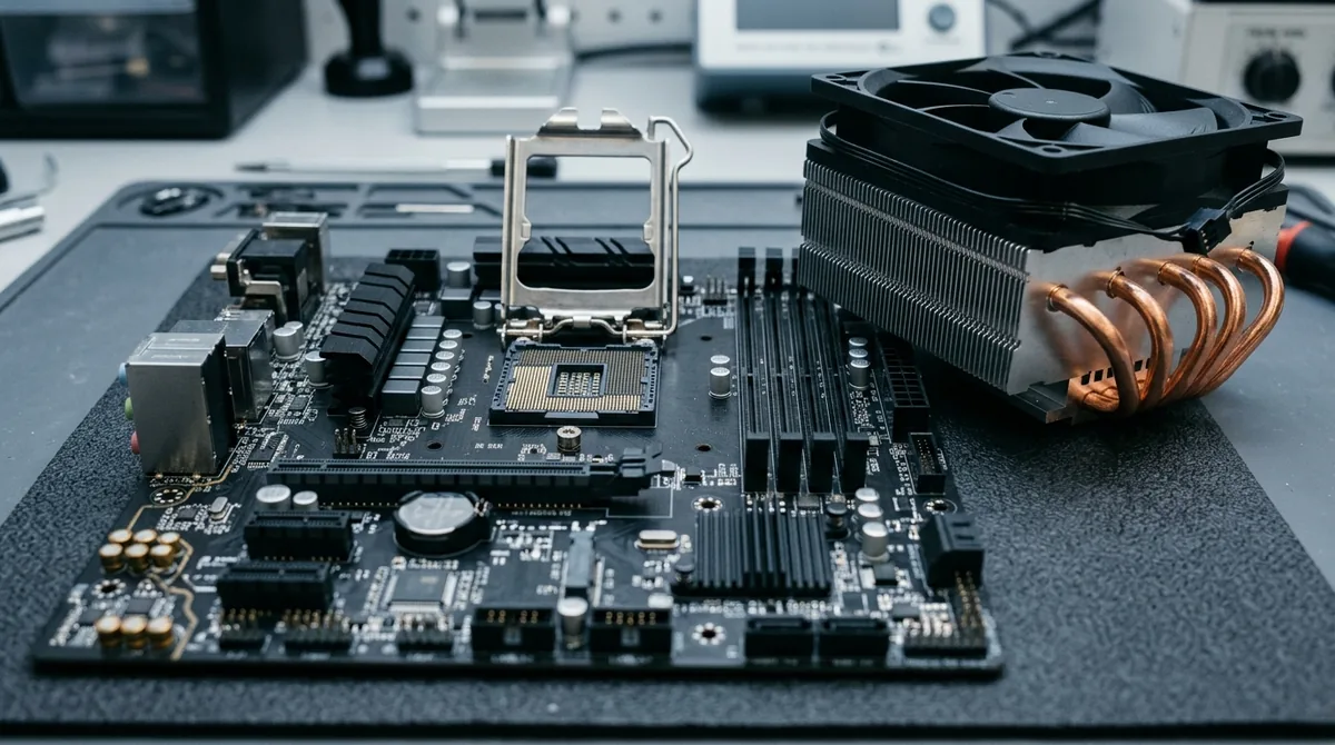 Procesador de computadora sobre una placa base con socket visible, iluminado por luz LED RGB azul y morada, fondo desenfocado de componentes de PC