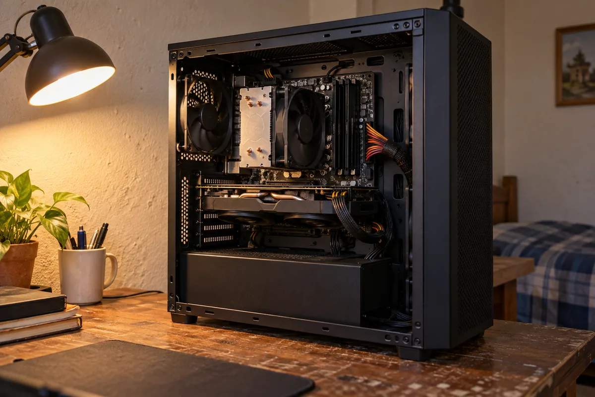 Una PC económica abierta con disipador de aire y tarjeta gráfica de dos ventiladores correctamente instalados sobre una mesa doméstica
