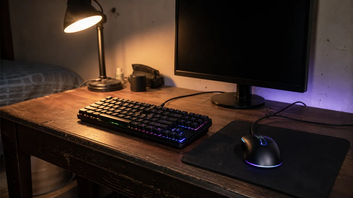 Teclado mecánico y mouse gamer sobre un escritorio, con luces RGB encendidas en un ambiente de juego nocturno